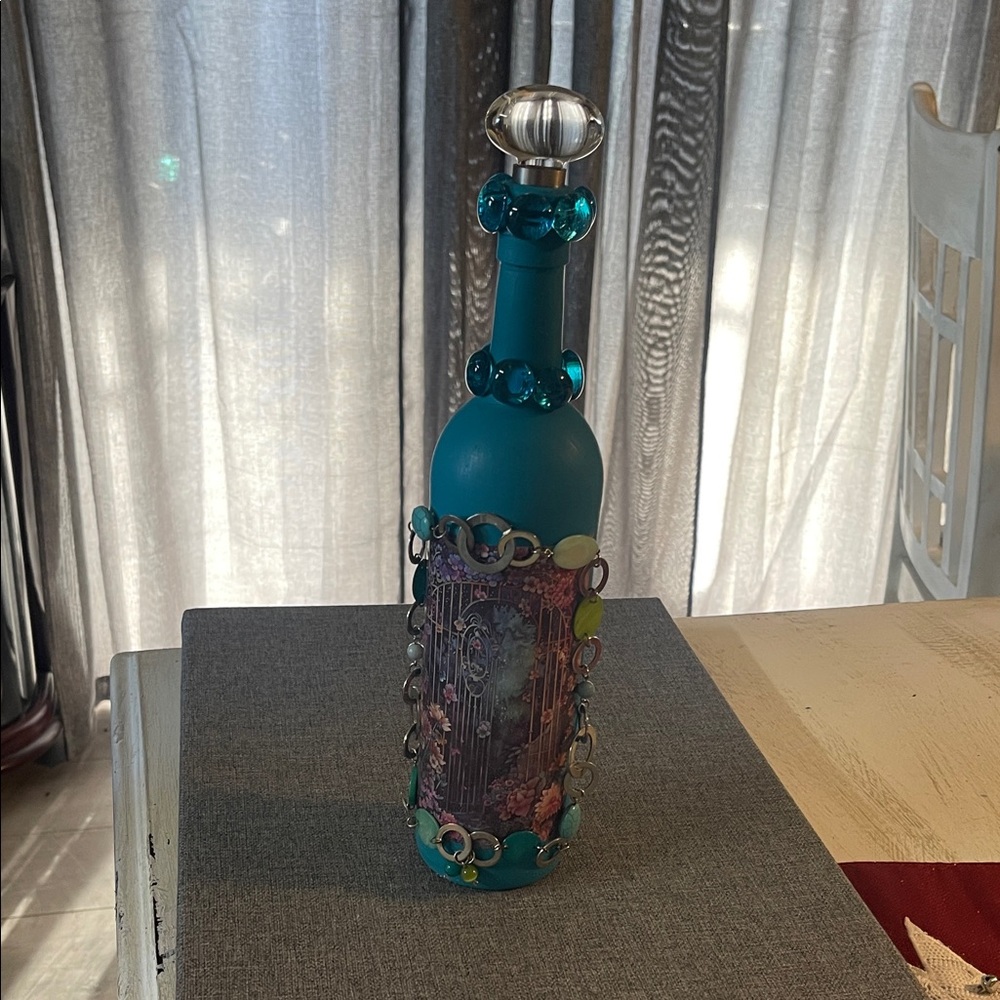 Decorative Blue Bottle with Beaded Accents